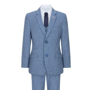 Boys 3 Piece Wool Suit Light Blue Tweed Vintage 1920s Classic 4 Pocket Waistcoat - Knighthood Store