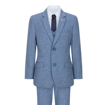 Boys 3 Piece Wool Suit Light Blue Tweed Vintage 1920s Classic 4 Pocket Waistcoat - Knighthood Store