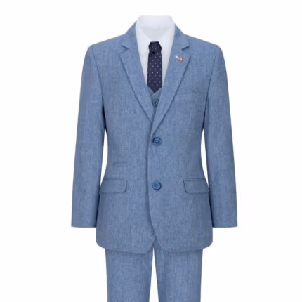 Boys 3 Piece Wool Suit Light Blue Tweed Vintage 1920s Classic 4 Pocket Waistcoat - Knighthood Store