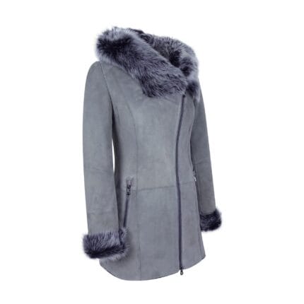 Cappotto lungo da donna in vera pelle di pecora toscana scamosciata grigia con cerniera e cappuccio, vestibilità su misura - Knighthood Store