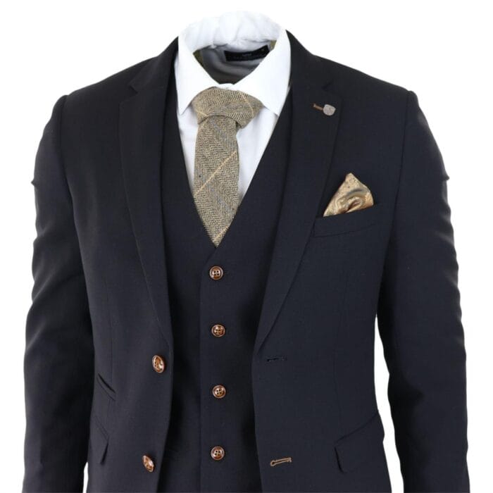 Mens Black 3 piece Suit Brown Trim Classic Birdseye Vintage Wedding Grooms - Knighthood Store