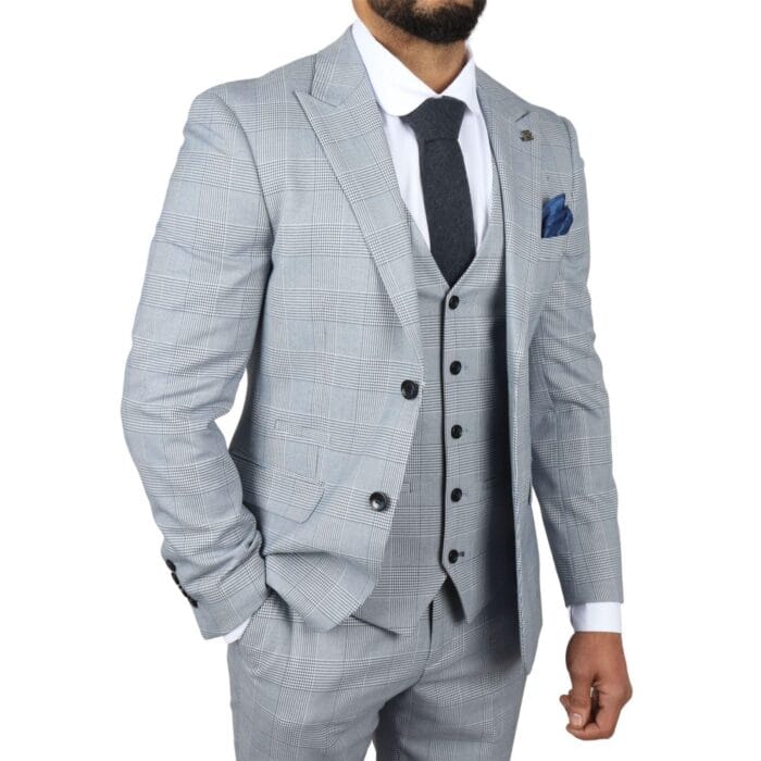 Herrenanzug, blau, dreiteilig, Tweed, kariert, für Hochzeit und Abschlussball, maßgeschneidert – Knighthood Store