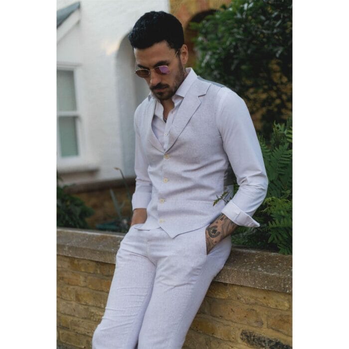 Mens Summer Suit Waistcoat Trousers Linen Smart Formal Light Grey Wedding - Knighthood Store