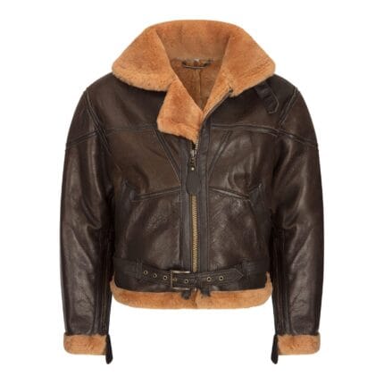 Giacca da aviatore da donna in vera pelle di pecora marrone con cintura in pelliccia di cammello, stile vintage, invernale, con cerniera - Knighthood Store