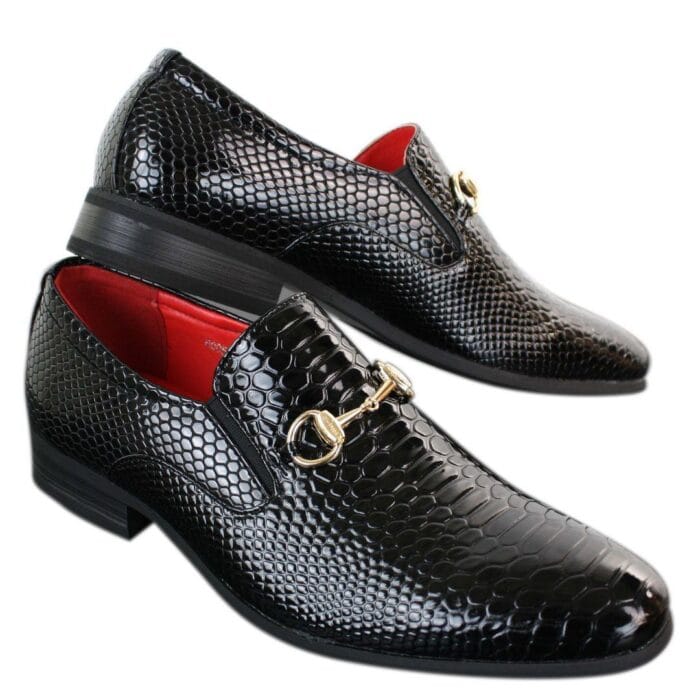 Herrenschuhe aus schwarzem Lackleder mit glänzender PU-Schlangen-Krokodilleder und goldener Schnalle - Knighthood Store