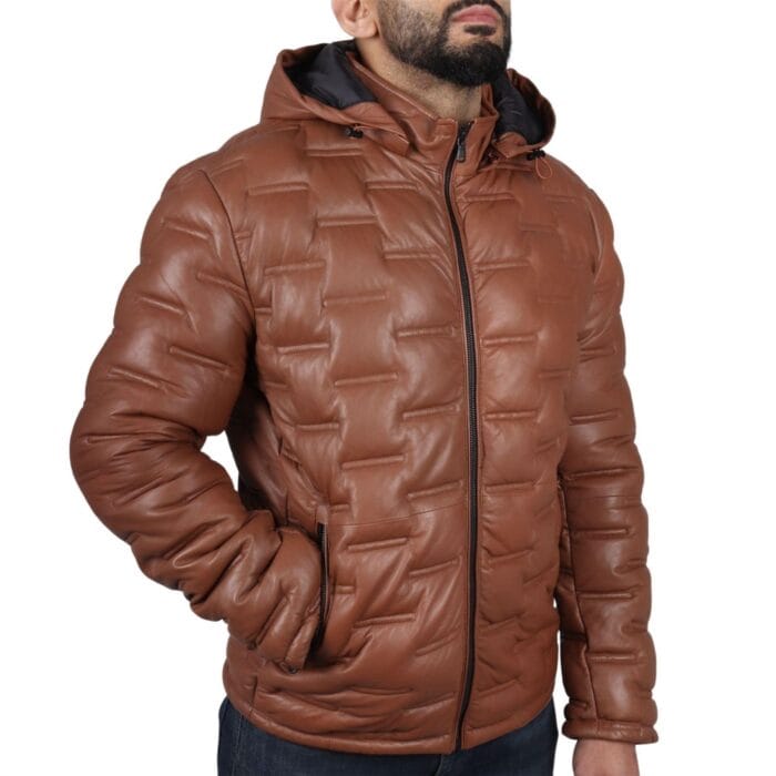 Men's Puffer Quilted Real Leather Jacket Hooded Casual - Knighthood Store