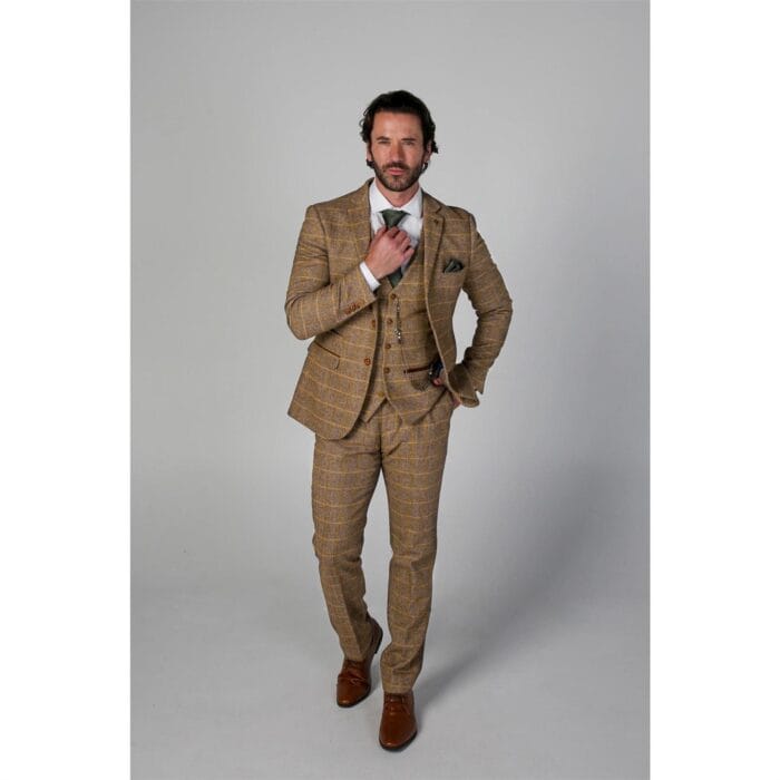 Traje formal de tweed marrón de espiga para hombre, de 3 piezas, en mezcla de lana - Knighthood Store