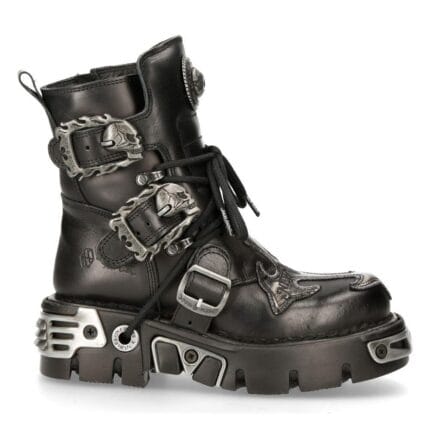 New Rock Mens 407-S1 Silver Cross Black Reactor Sole Leather Ankle Boots Gothic - Knighthood Store