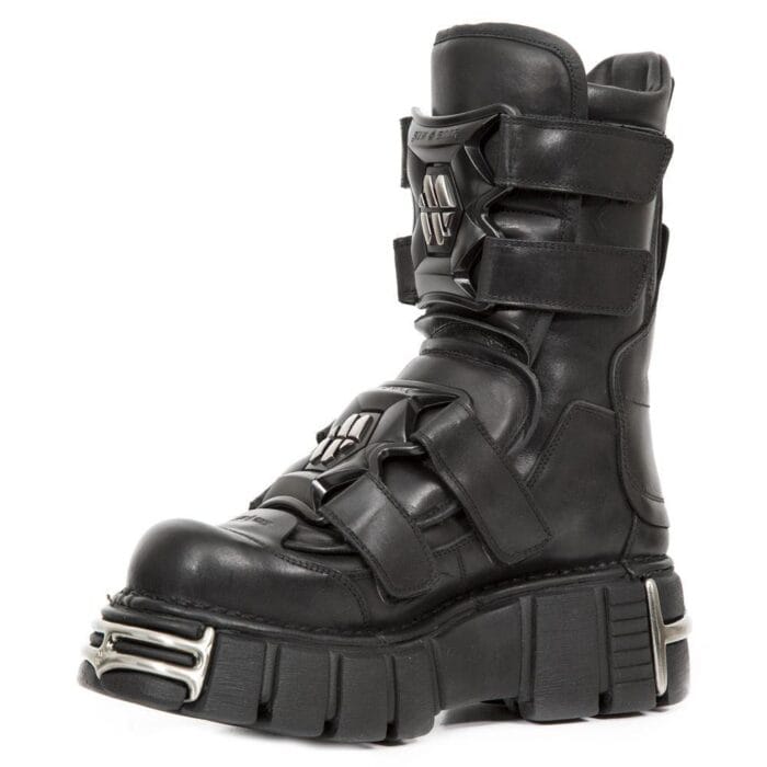 New Rock Boots M-422-S1 Unisex Metallic Schwarze Leder Plateau Gothic Stiefel - Knighthood Store