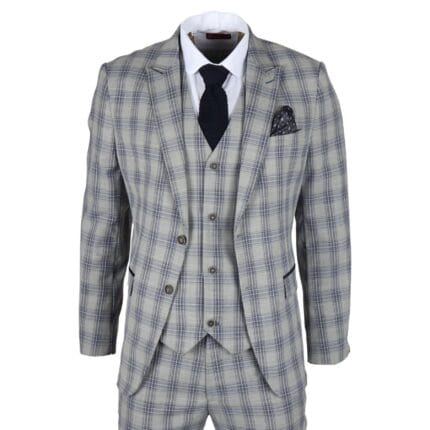 Men's Suit 3 Piece Grey Blue Checked Classic Plaid Tailored Fit Formal Dress - Knighthood Store
