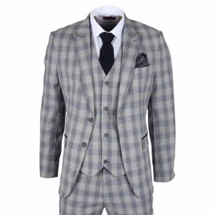 Men's Suit 3 Piece Grey Blue Checked Classic Plaid Tailored Fit Formal Dress - Knighthood Store