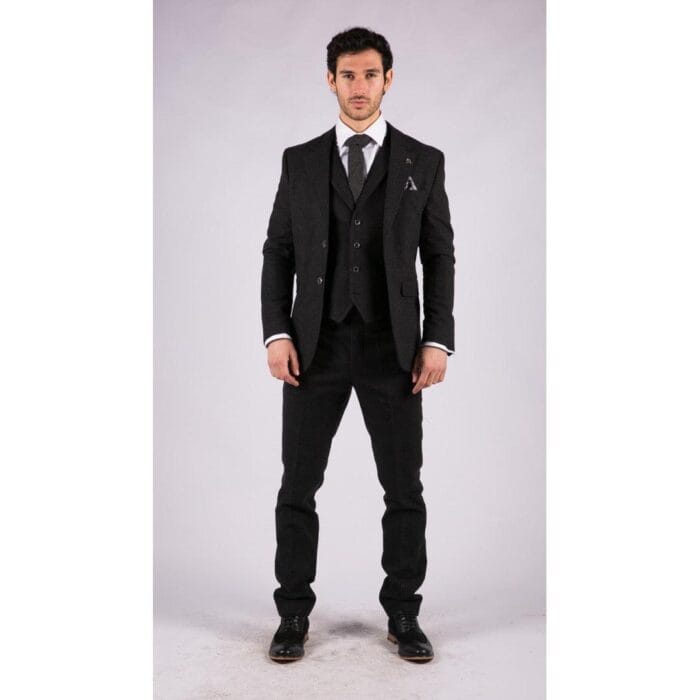 Mens Black Tweed 3 Piece Suit Check Vintage 1920s Gatsby Blinders Tailored Fit - Knighthood Store