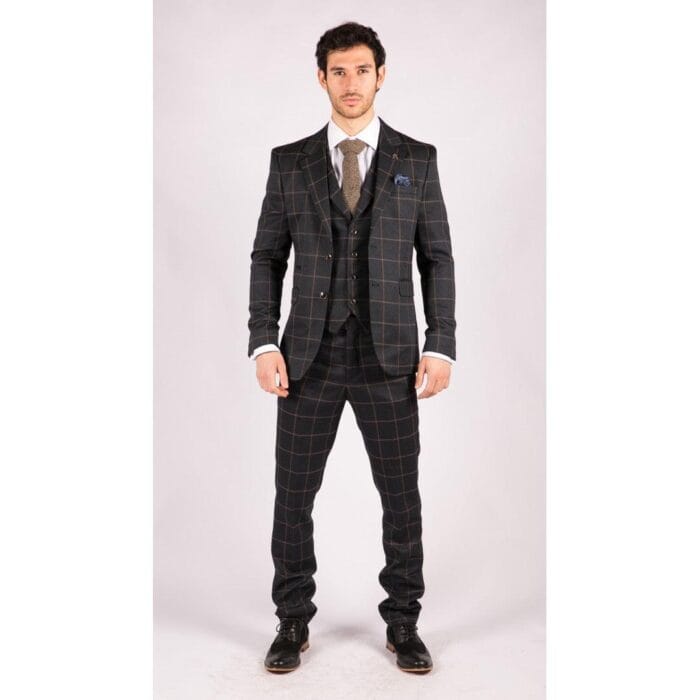 Mens Blue 3 Piece Suit Tan Check Classic Wedding Prom Peaky Tweed Vintage - Knighthood Store