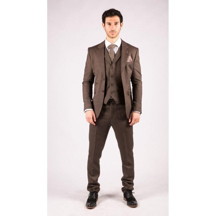 Abito da uomo a spina di pesce in tweed, 3 pezzi, marrone, classico, vintage, su misura, con paraocchi - Knighthood Store