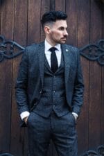 Traje de tres piezas de lana para hombre, tweed negro carbón, corte clásico a medida - Knighthood Store