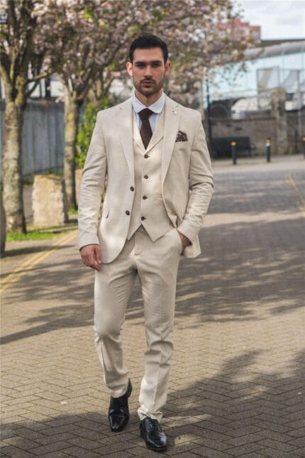 TruClothing TP-21 - Men's Beige 3 Piece Linen Summer Suit - Knighthood Store