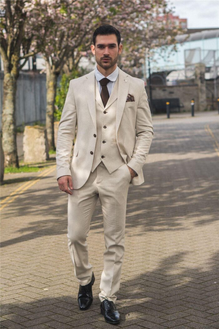 TruClothing TP-21 - Men's Beige 3 Piece Linen Summer Suit - Knighthood Store
