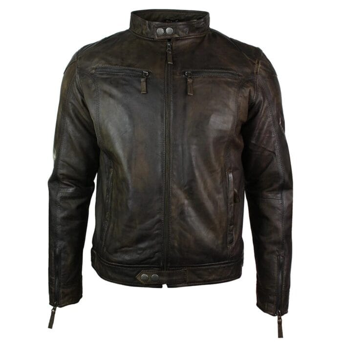 Chaqueta de cuero auténtico para hombre, estilo motero, vintage, burdeos, vino, bolsillos con cremallera, estilo retro informal - Knighthood Store