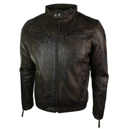 Chaqueta de cuero auténtico para hombre, estilo motero, vintage, burdeos, vino, bolsillos con cremallera, estilo retro informal - Knighthood Store