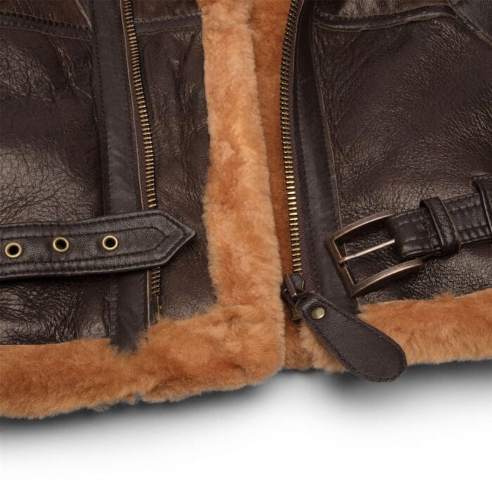 Giacca da aviatore da donna in vera pelle di pecora marrone con cintura in pelliccia di cammello, stile vintage, invernale, con cerniera - Knighthood Store