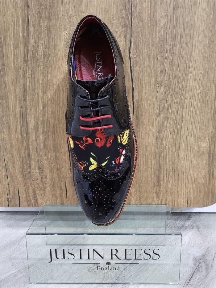 Scarpe da uomo in pelle verniciata con stampa a farfalla, stringate, stile brogue, eleganti e formali - Knighthood Store