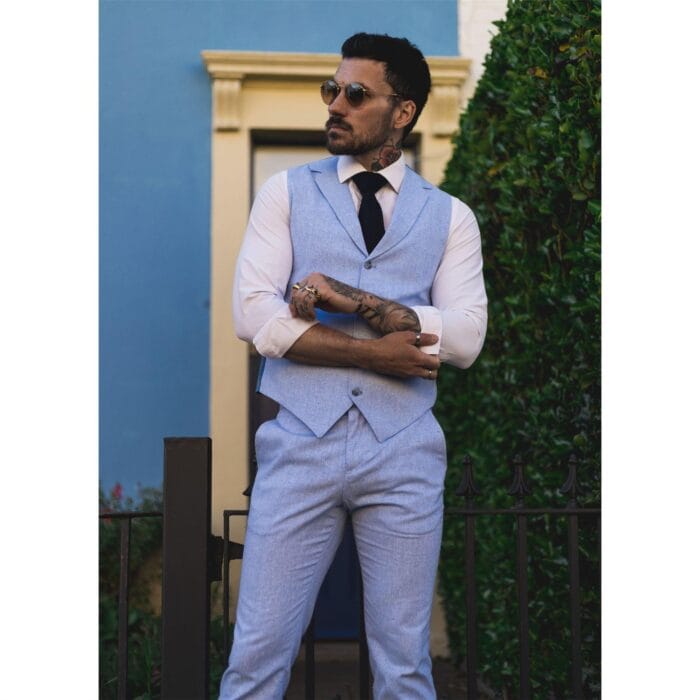Completo estivo da uomo con gilet, pantaloni, lino, elegante, formale, blu reale, da sposa - Knighthood Store