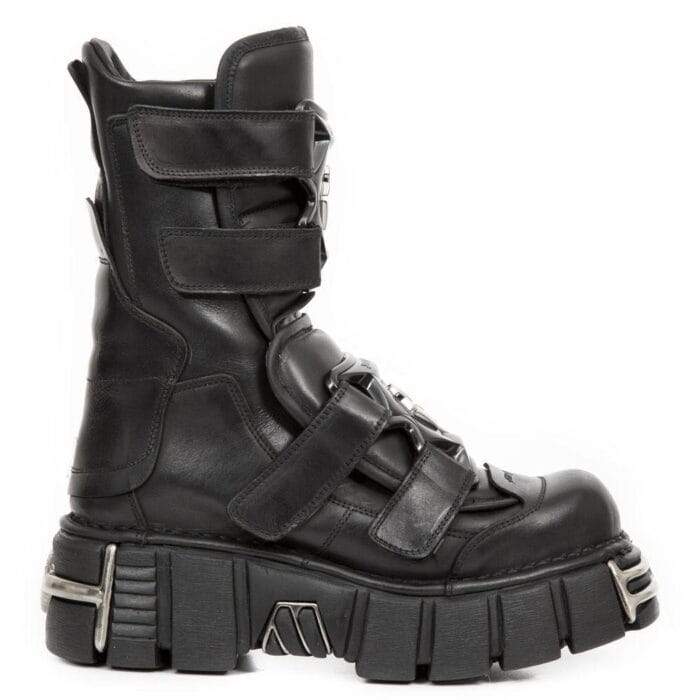 New Rock Boots M-422-S1 Unisex Metallic Schwarze Leder Plateau Gothic Stiefel - Knighthood Store