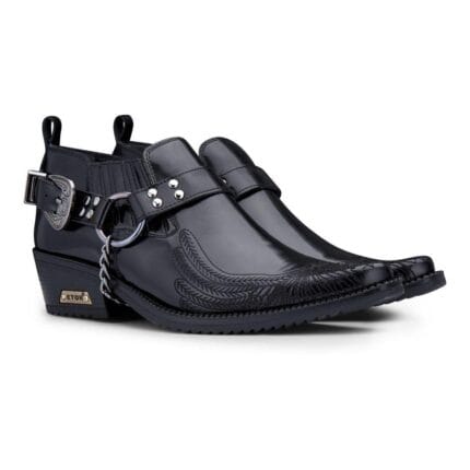 Mens Genuine Leather Western Shoes US Eagle Patent Shiny Wincklepickers Metal Chain Belt Cuban Heel Dancing Cowboy - Knighthood Store