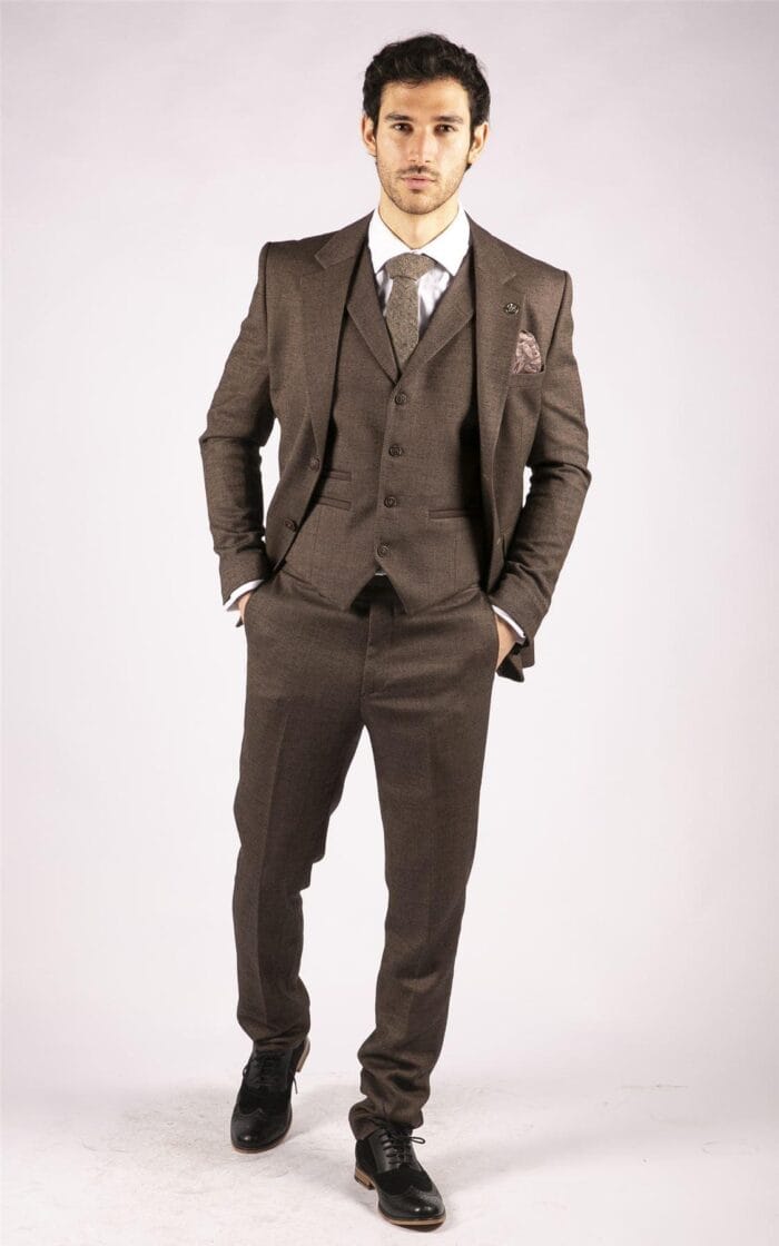 Abito da uomo a spina di pesce in tweed, 3 pezzi, marrone, classico, vintage, su misura, con paraocchi - Knighthood Store