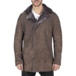 Mens Real Sheepskin Coat Beige Vintage Classic 3/4 Jacket Button Down V Neck - Knighthood Store