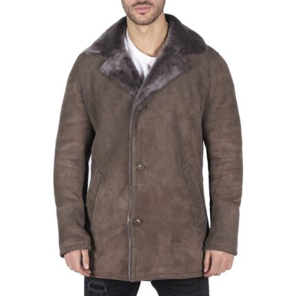 Mens Real Sheepskin Coat Beige Vintage Classic 3/4 Jacket Button Down V Neck - Knighthood Store