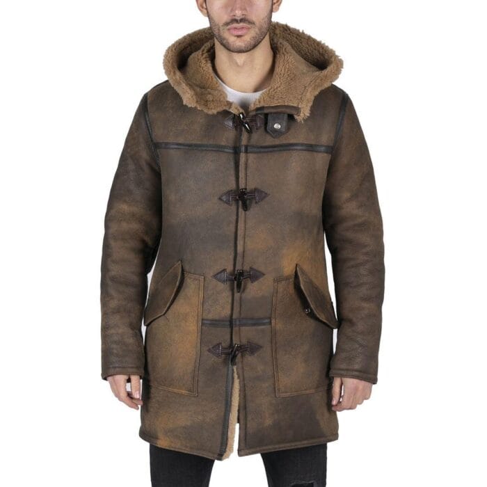 Chaqueta de piel de oveja auténtica para hombre, estilo clásico retro marrón - Knighthood Store