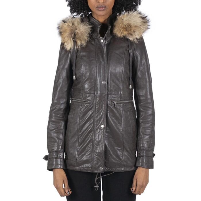Womens Real Leather Parka Coat 3/4 Removable Hood Fur Button Cover Zipped - Knighthood Store