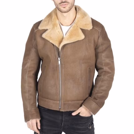 Mens Genuine Sheepskin Leather Cross Zip Flying Aviator Jacket Camel Brown Fur - Knighthood Store