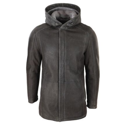 Giacca da uomo in morbida pelle di pecora marrone con cappuccio 3/4, autentica, classica e calda, invernale - Knighthood Store
