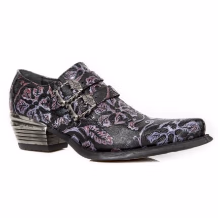 New Rock 7960-s8 Shoe Embossed Vintage Black Leather Buckle Steel Heel Shoes - Knighthood Store