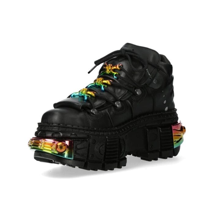 New Rock Boots WALL106-S23 Unisex Metallic Schwarze Leder Plateau Gothic Stiefel - Knighthood Store