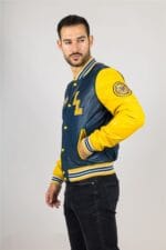 Men's Navy Blue Genuine Leather Bomber Jacket Baseball Letterman Coat - Image 3