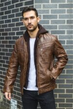 Men's Brown Hooded Genuine Leather Motorcycle Biker Jacket - Image 2