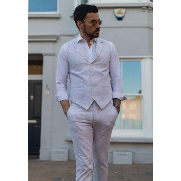 Mens Summer Suit Waistcoat Trousers Linen Smart Formal Light Grey Wedding - Knighthood Store