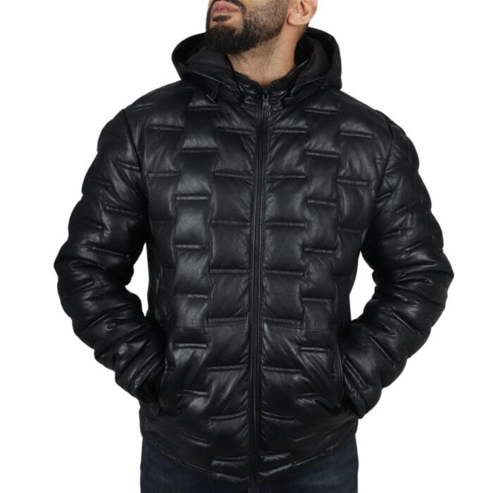 Men's Puffer Quilted Real Leather Jacket Hooded Casual - Knighthood Store