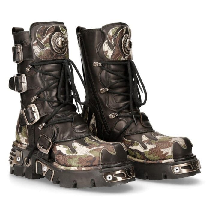 New Rock New Rock 591 S15 Camouflage Flame Metallic Schwarz Leder Biker Goth Boot - Knighthood Store