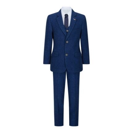 Boys 3 Piece Wool Suit Blue Tweed Vintage 1920s Classic 4 Pocket Waistcoat - Knighthood Store