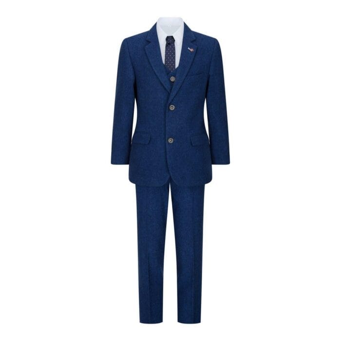 Boys 3 Piece Wool Suit Blue Tweed Vintage 1920s Classic 4 Pocket Waistcoat - Knighthood Store
