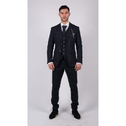 Mens Navy Check 3 Piece Suit Wool Tweed Classic 1920s Vintage Tailored Fit Wedding - Knighthood Store