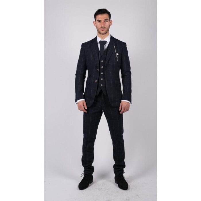 Mens Navy Check 3 Piece Suit Wool Tweed Classic 1920s Vintage Tailored Fit Wedding - Knighthood Store