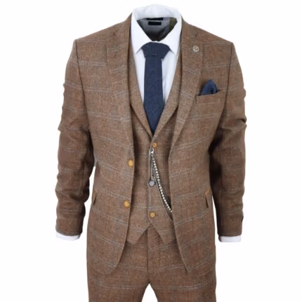 Men's 3 Piece Suit Wool Tweed Herringbone Tan Brown Blue Check 1920s Gatsby Formal Dress Suits - Knighthood Store
