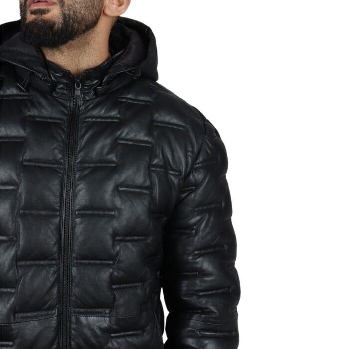 Men's Puffer Quilted Real Leather Jacket Hooded Casual - Knighthood Store