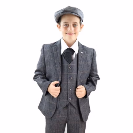 Boys 3 Piece Suit Grey Tweed Check Blinders Vintage Kids Classic 1920s - Knighthood Store