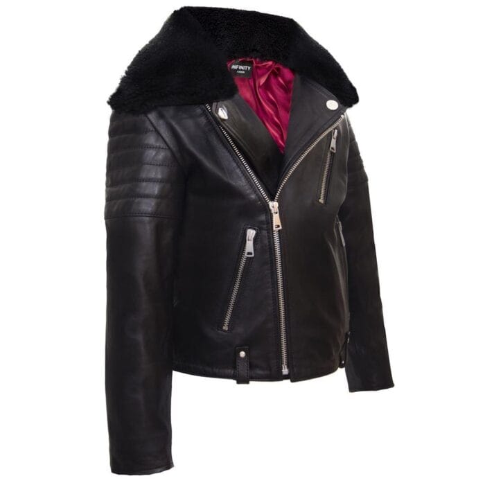 Chaqueta motera de cuero auténtico para niños, estilo motero, con cremallera cruzada Brando, cuello de piel negra - Knighthood Store